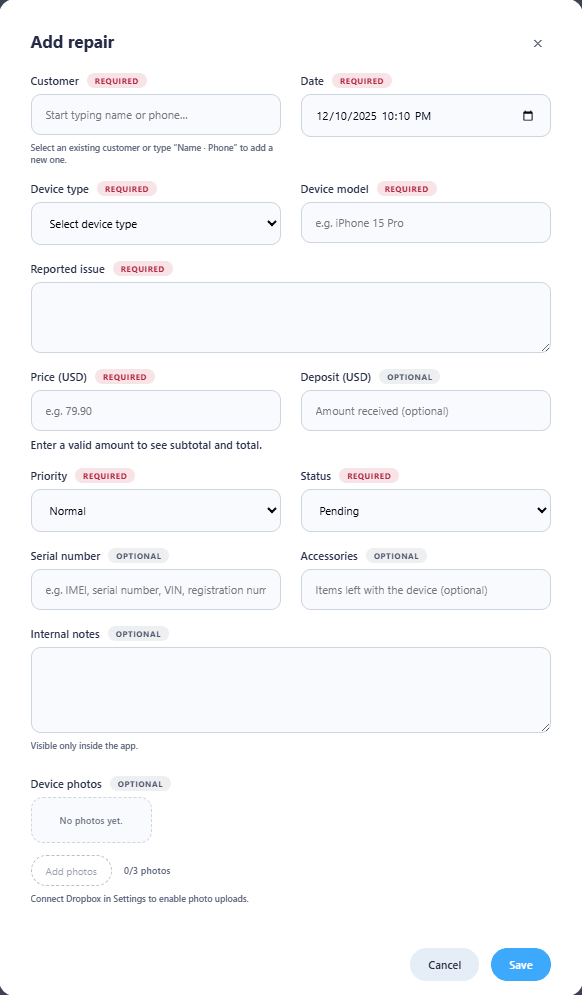 Add new repair ticket form with customer and device information